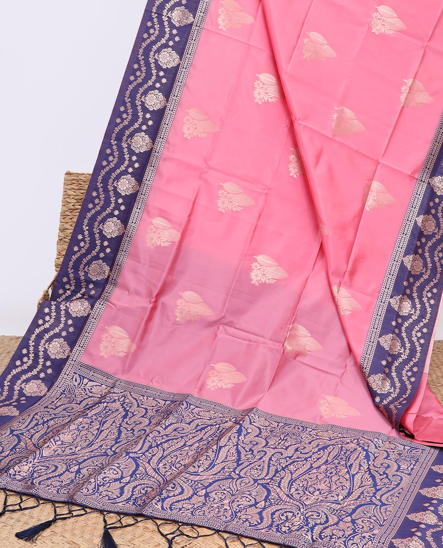 Pink butter silk saree with zari buttas, contrast floral design border & pallu of zari intricate designs