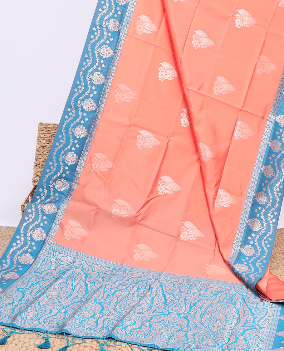 Orange butter silk saree with zari buttas, contrast floral design border & pallu of zari intricate designs