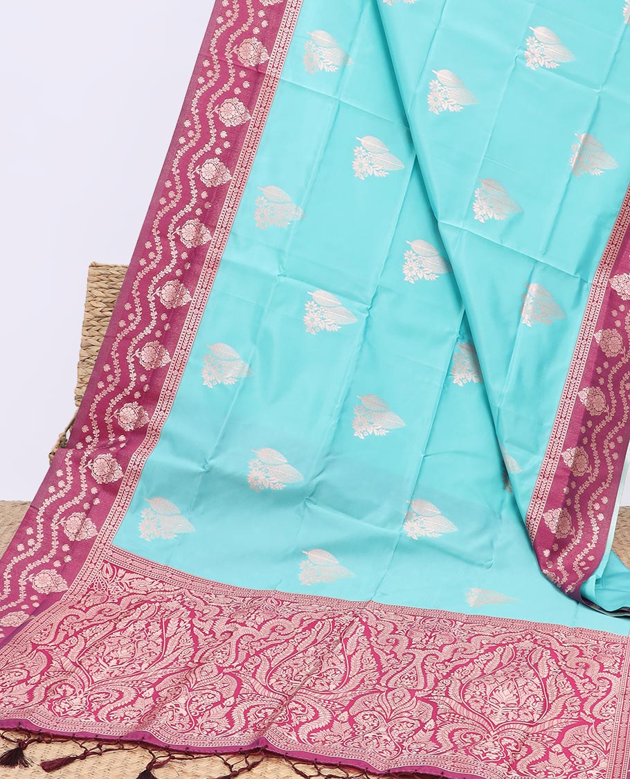 Blue butter silk saree with zari buttas, contrast floral design border & pallu of zari intricate designs