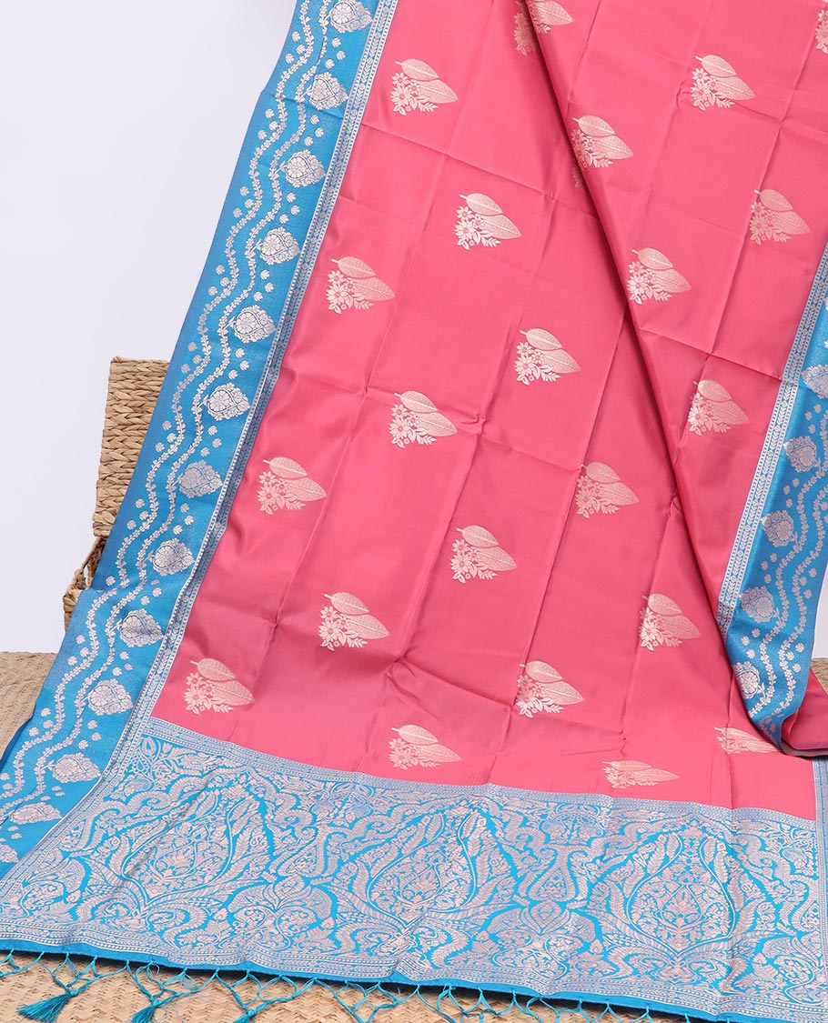 Pink butter silk saree with zari buttas, contrast floral design border & pallu of zari intricate designs