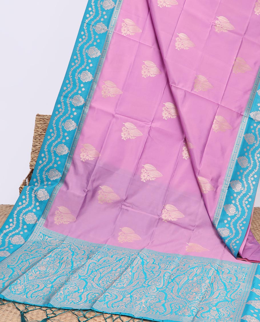 Pink butter silk saree with zari buttas, contrast floral design border & pallu of zari intricate designs