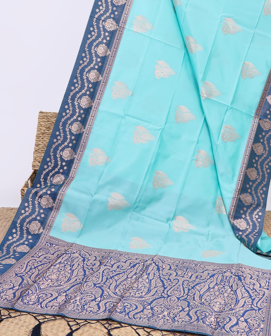 Blue butter silk saree with zari buttas, contrast floral design border & pallu of zari intricate designs