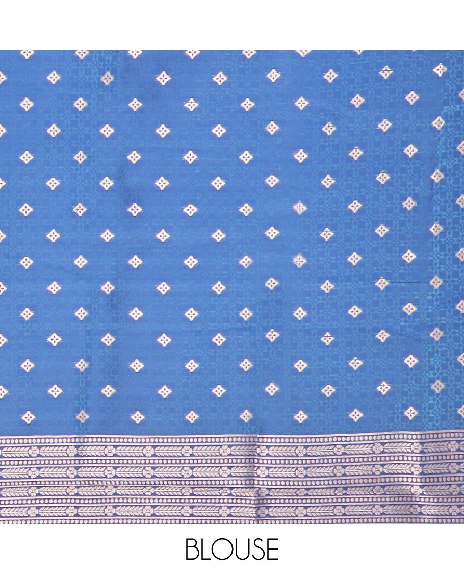 Blue butter silk saree with zari buttas, contrast floral design border & pallu of zari intricate designs