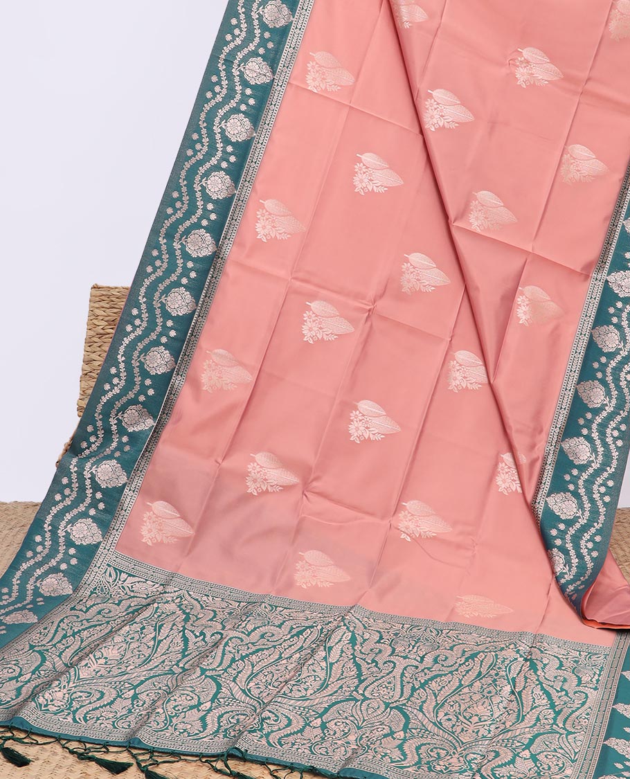 Peach butter silk saree with zari buttas, contrast floral design border & pallu of zari intricate designs