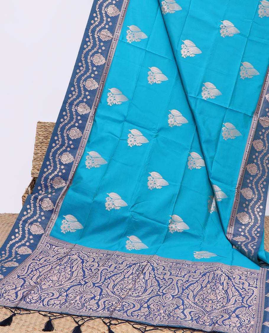 Blue butter Silk saree with zari buttas, contrast floral design border & pallu of zari intricate designs