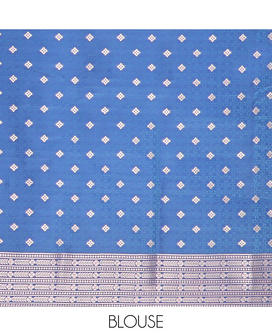 Blue butter Silk saree with zari buttas, contrast floral design border & pallu of zari intricate designs