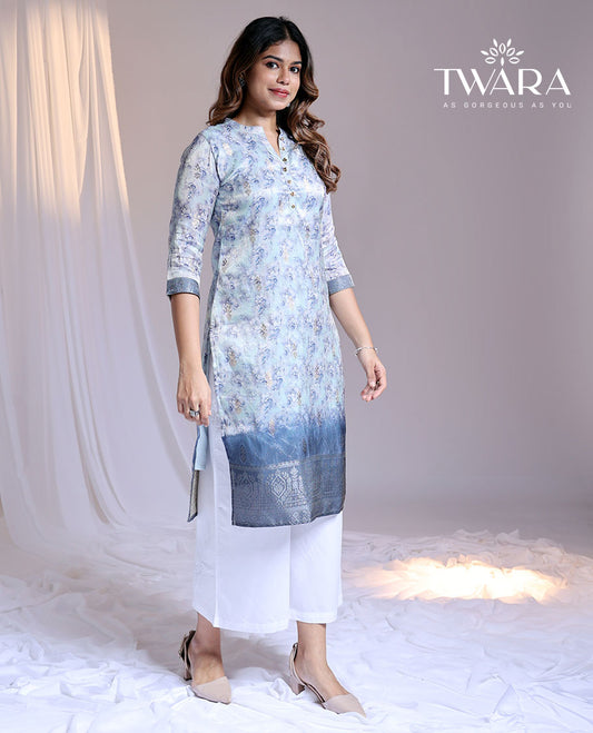 Twara blue floral printed  Chinese-collar & 3/4th sleeve below-knee kurti