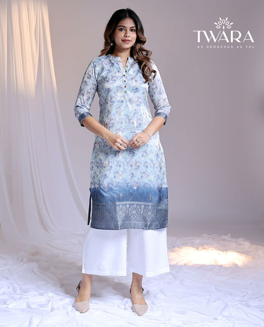 Twara blue floral printed  Chinese-collar & 3/4th sleeve below-knee kurti