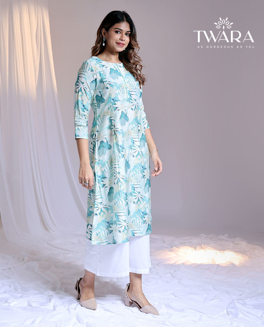 Twara blue floral printed round-neck & 3/4th sleeve below-knee rayon kurti