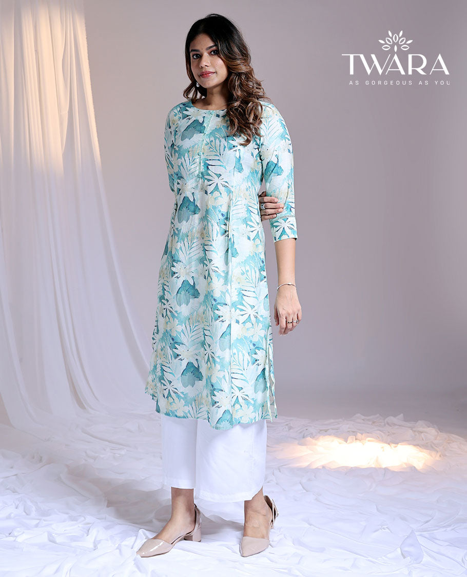 Twara blue floral printed round-neck & 3/4th sleeve below-knee rayon kurti