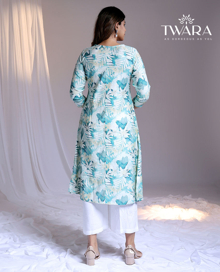 Twara blue floral printed round-neck & 3/4th sleeve below-knee rayon kurti