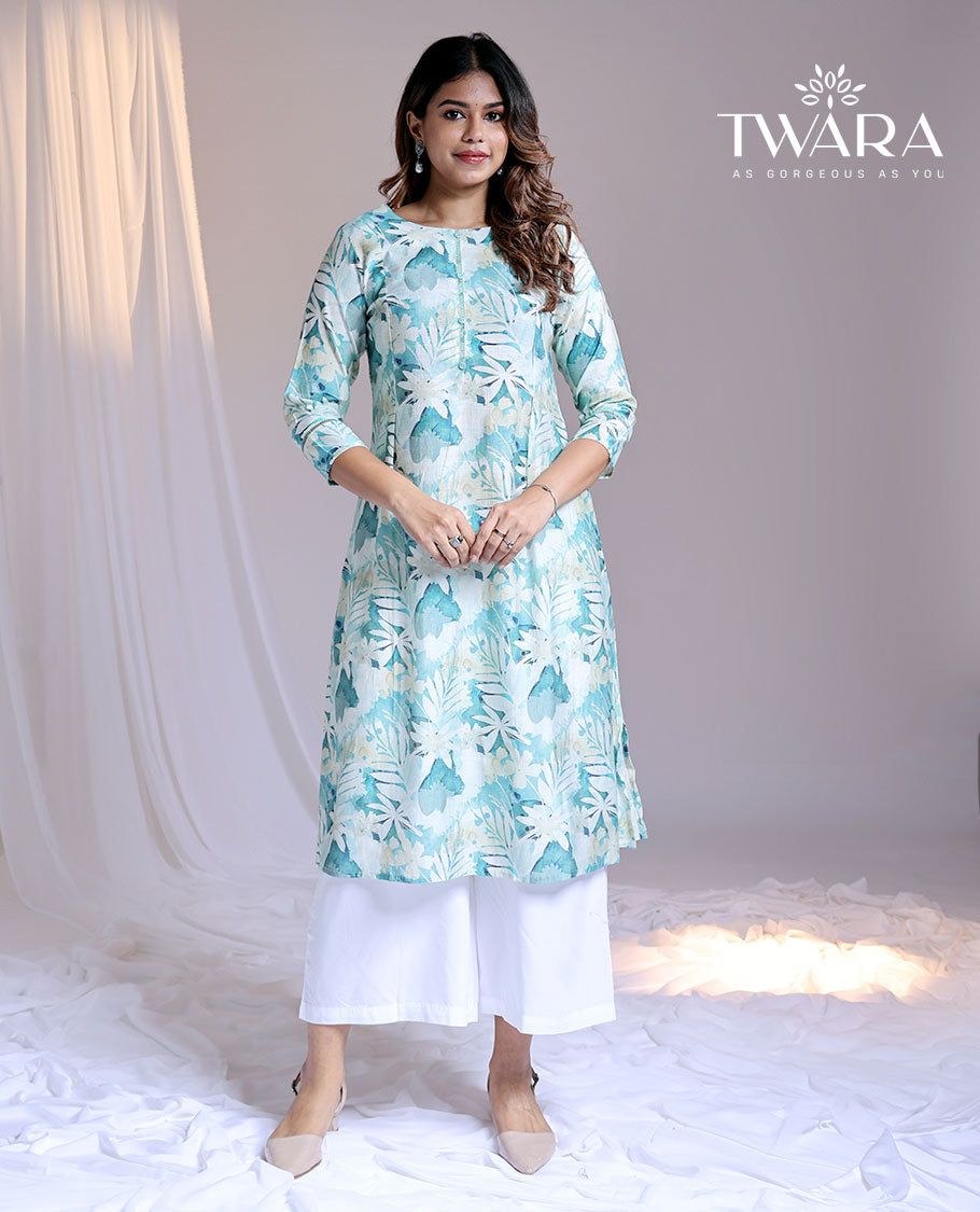 Twara blue floral printed round-neck & 3/4th sleeve below-knee rayon kurti