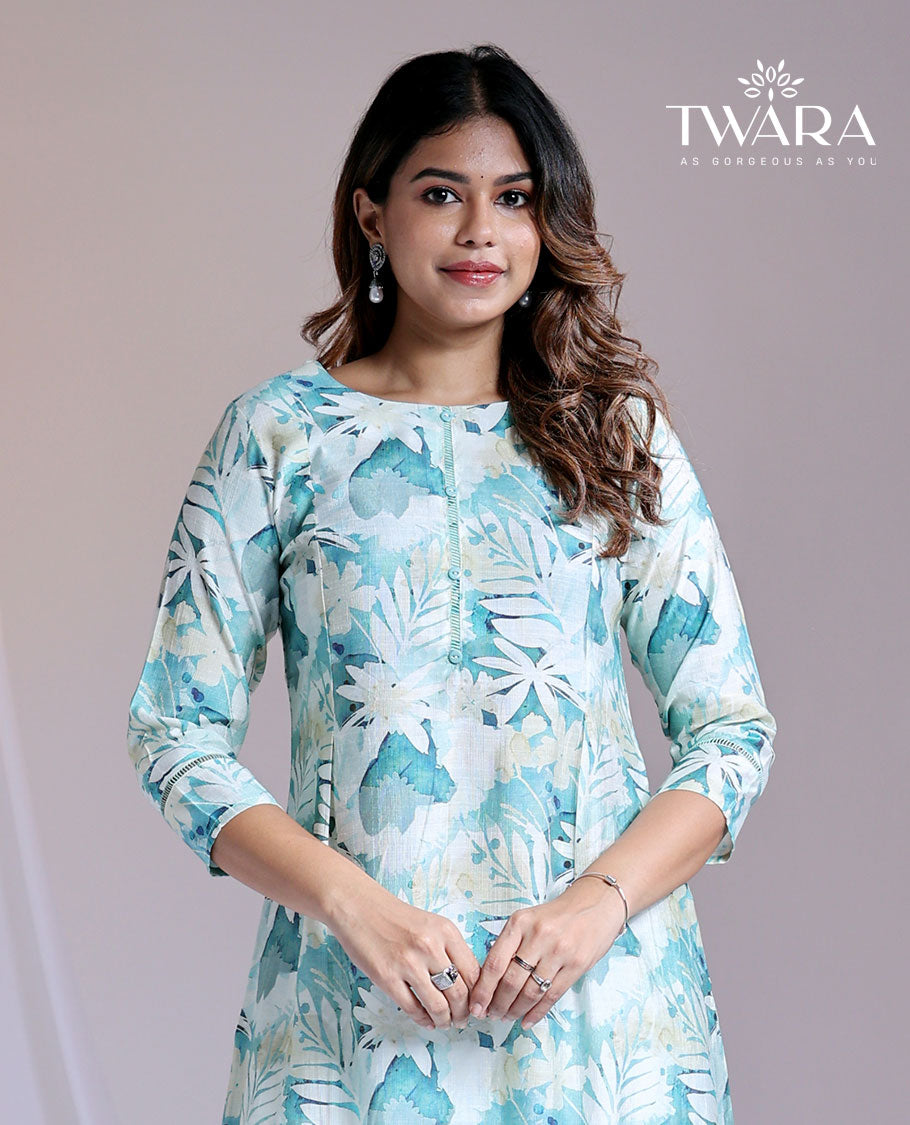 Twara blue floral printed round-neck & 3/4th sleeve below-knee rayon kurti