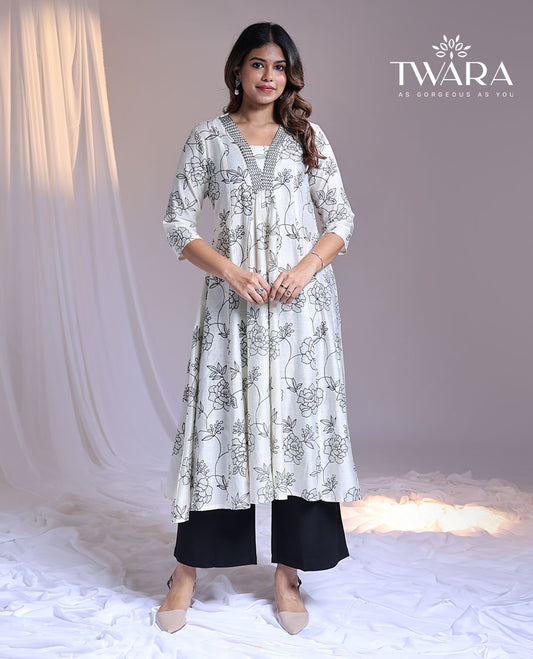 Twara white floral vine printed v-neck 3/4th-sleeve below-knee kurti