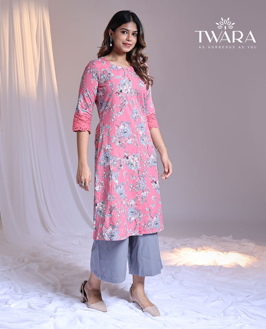 Twara pink floral printed round-neck 3/4th-sleeve knee-length straight-cut kurti