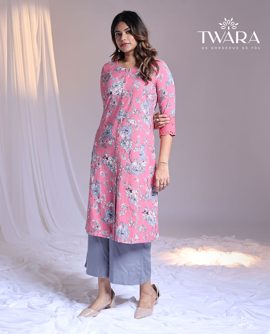 Twara pink floral printed round-neck 3/4th-sleeve knee-length straight-cut kurti