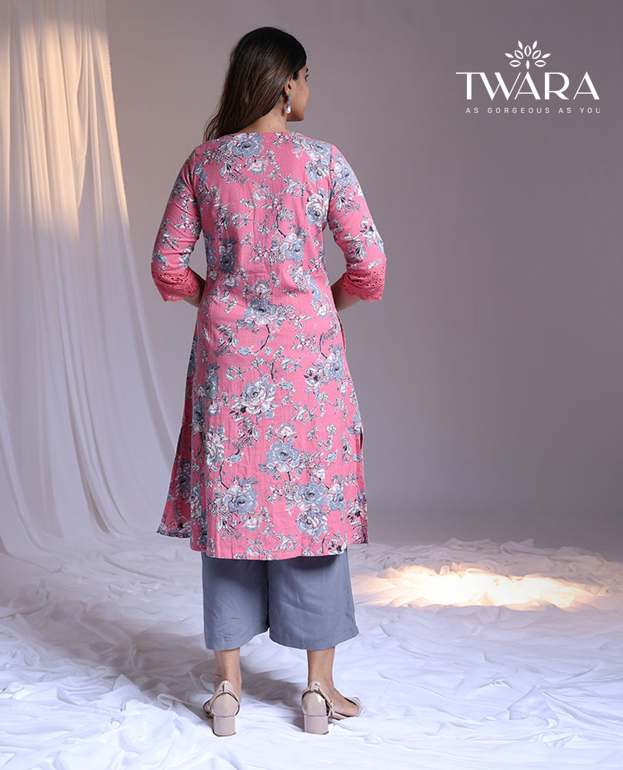 Twara pink floral printed round-neck 3/4th-sleeve knee-length straight-cut kurti