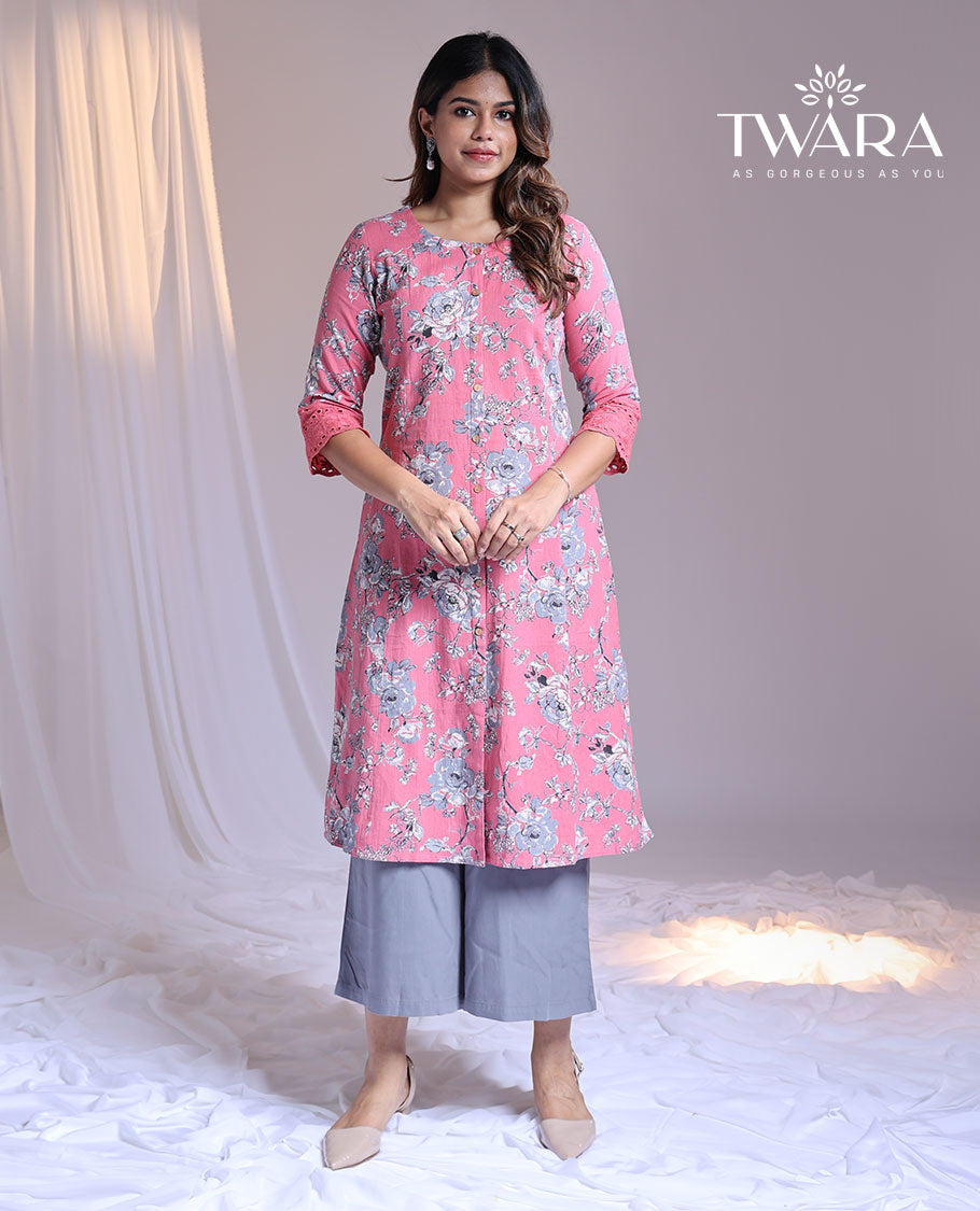 Twara pink floral printed round-neck 3/4th-sleeve knee-length straight-cut kurti