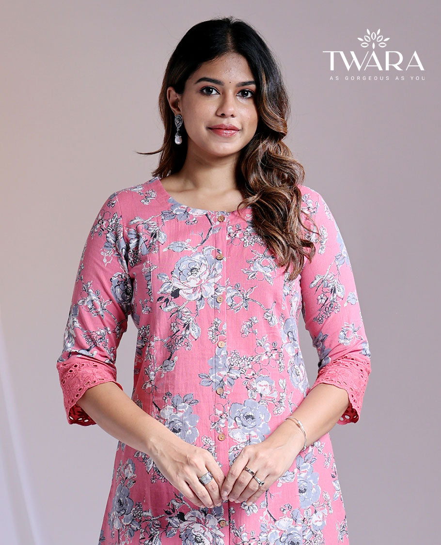 Twara pink floral printed round-neck 3/4th-sleeve knee-length straight-cut kurti