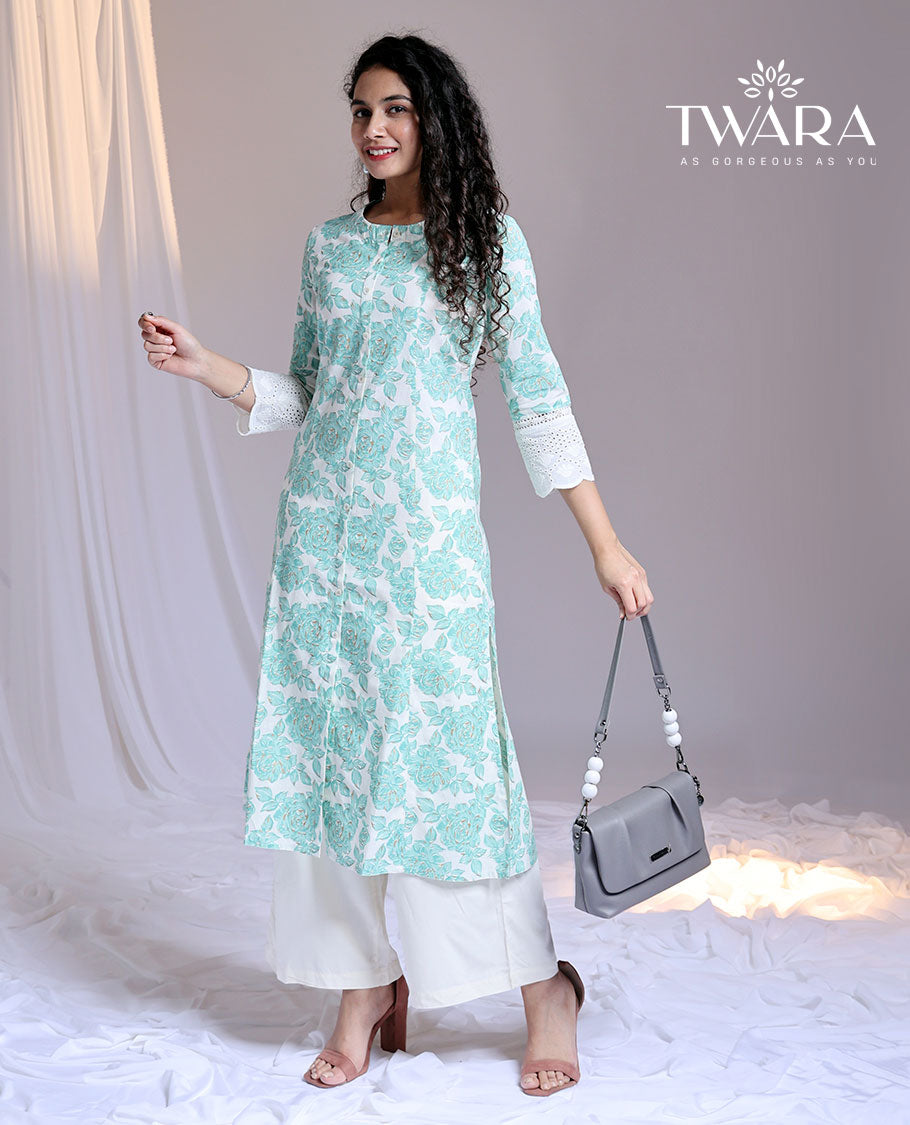 Twara blue floral printed 3/4th sleeve below-knee length round-neck cotton kurti