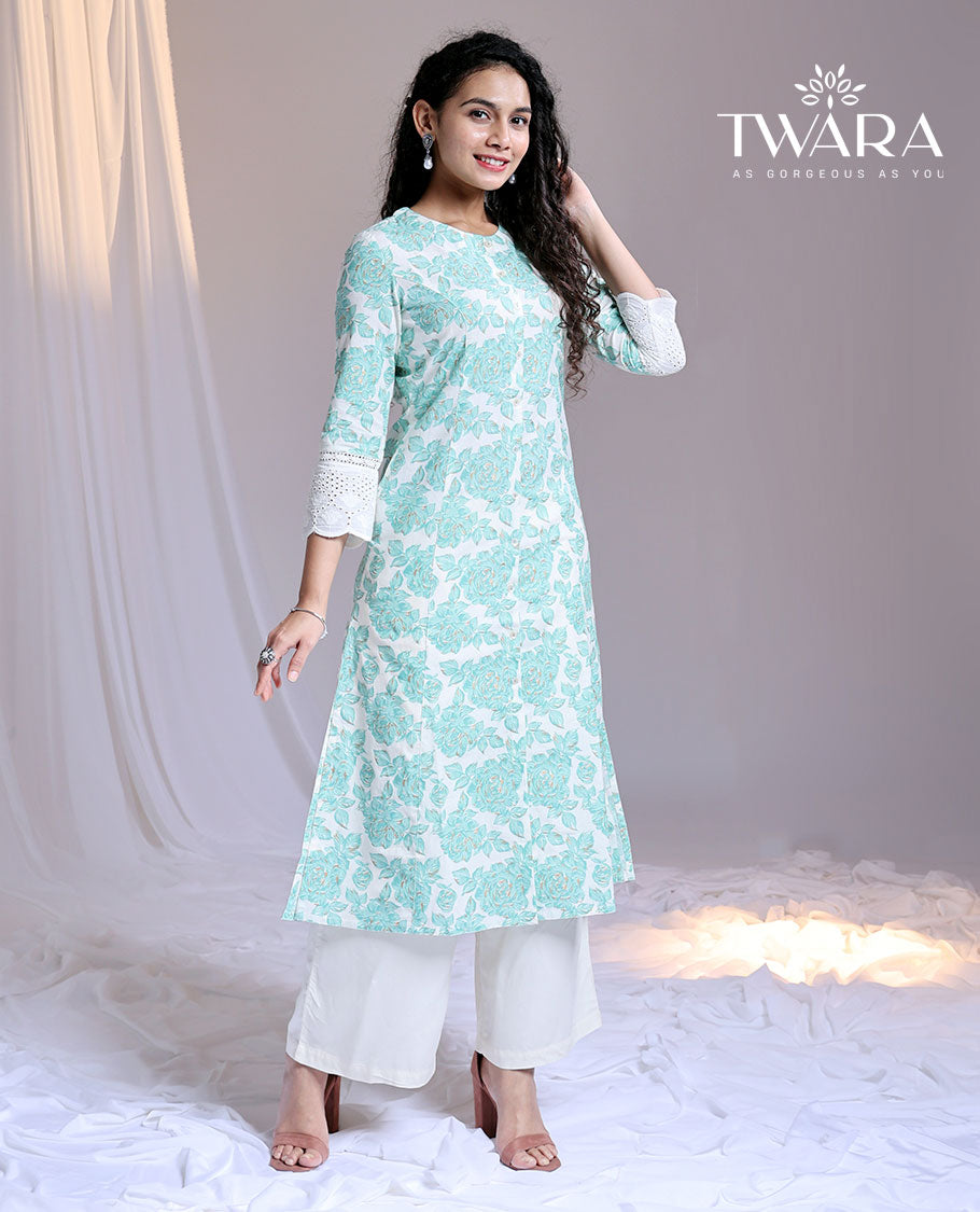 Twara blue floral printed 3/4th sleeve below-knee length round-neck cotton kurti