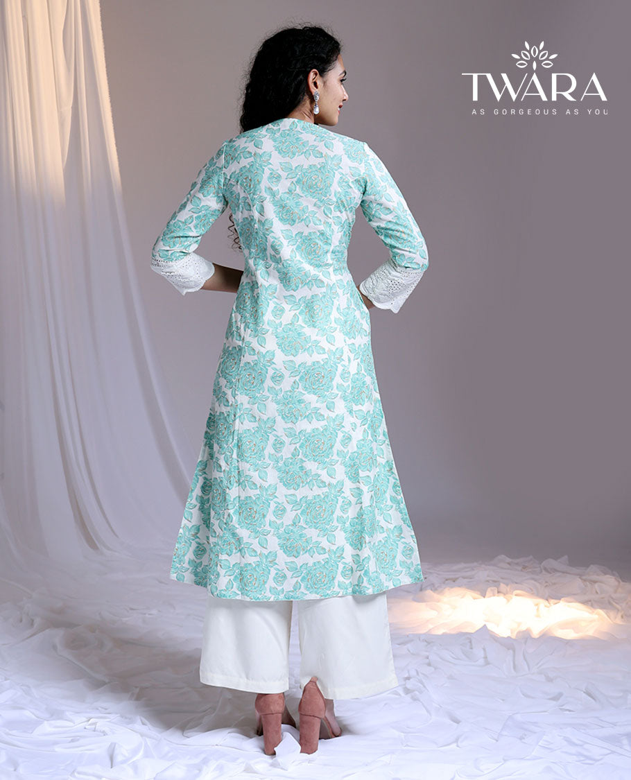 Twara blue floral printed 3/4th sleeve below-knee length round-neck cotton kurti