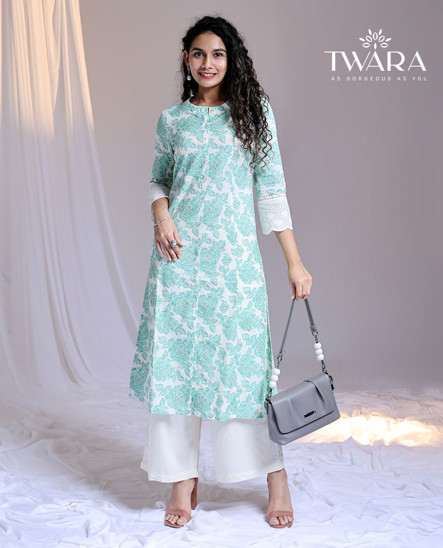Twara blue floral printed 3/4th sleeve below-knee length round-neck cotton kurti