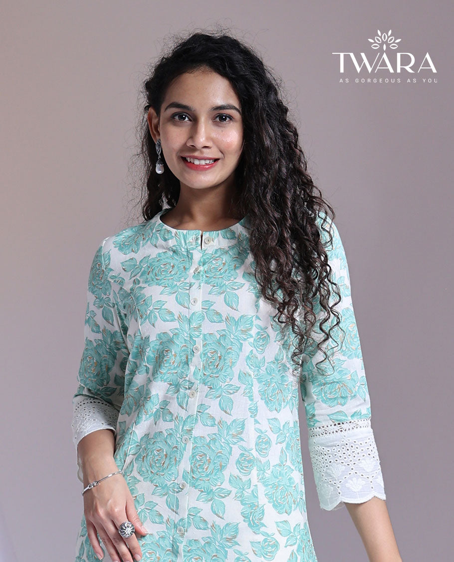 Twara blue floral printed 3/4th sleeve below-knee length round-neck cotton kurti