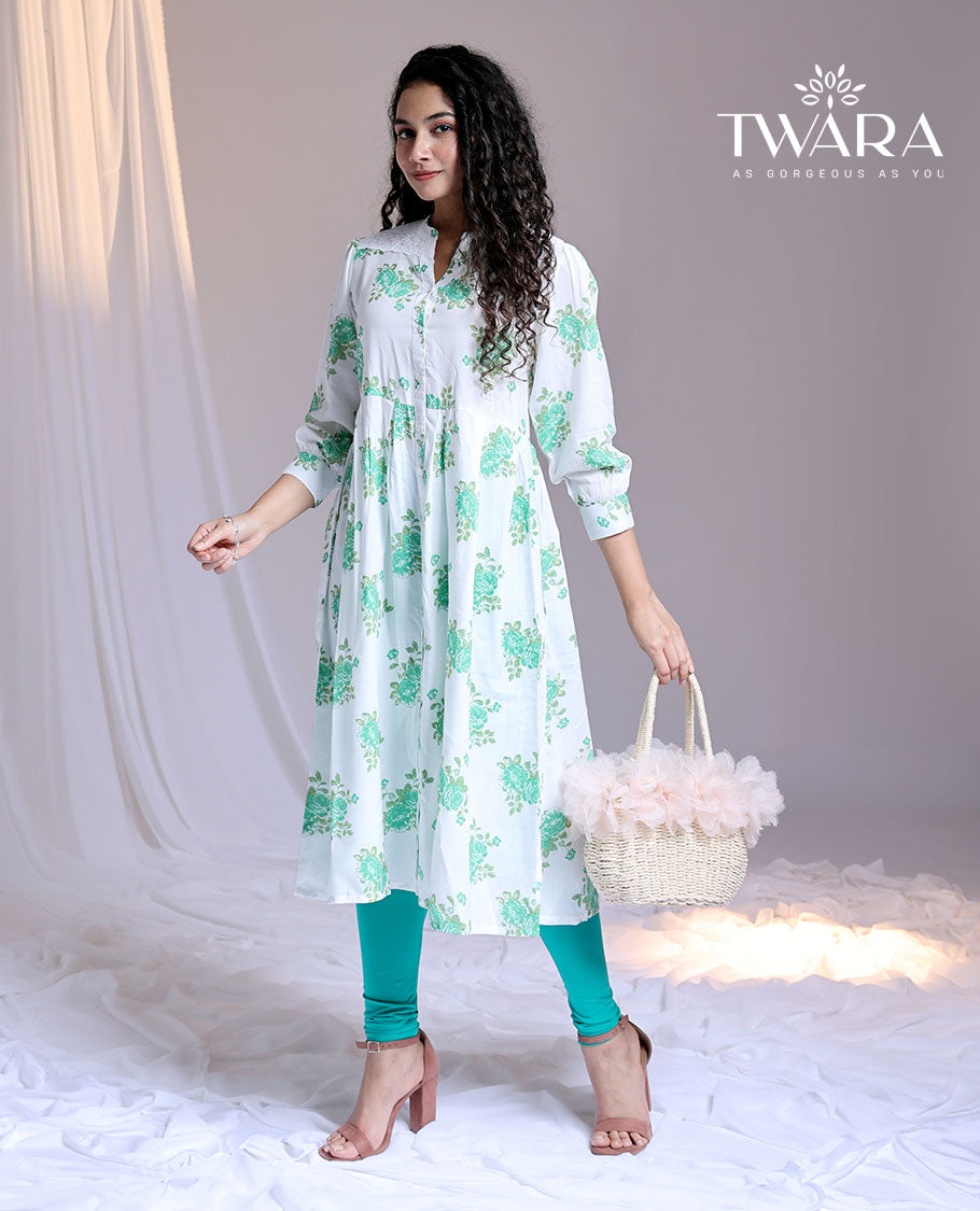Twara white floral printed Chinese-collar & 3/4th sleeve below-knee kurti