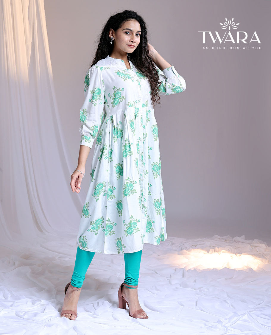 Twara white floral printed Chinese-collar & 3/4th sleeve below-knee kurti