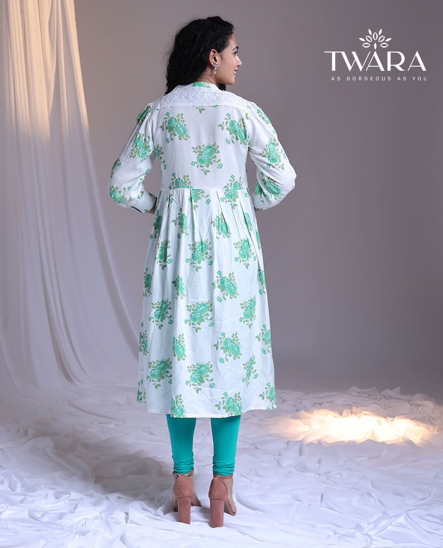 Twara white floral printed Chinese-collar & 3/4th sleeve below-knee kurti
