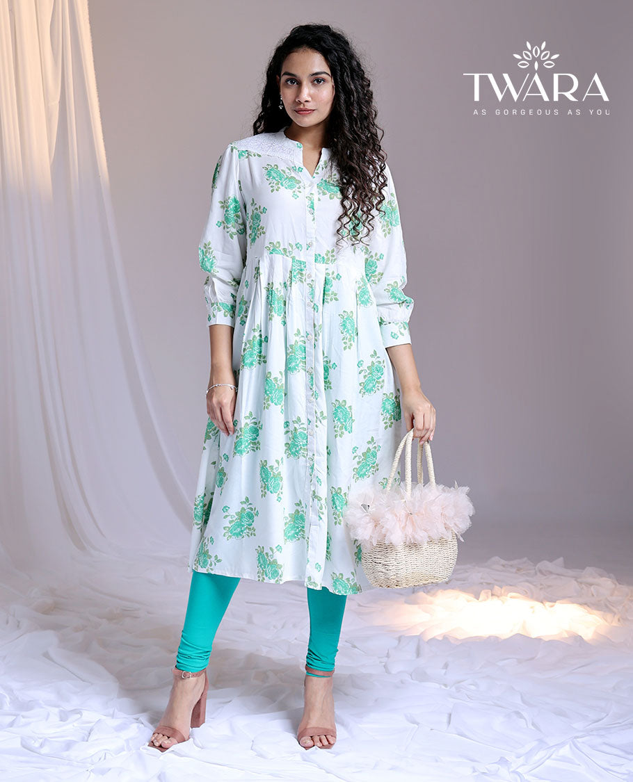 Twara white floral printed Chinese-collar & 3/4th sleeve below-knee kurti