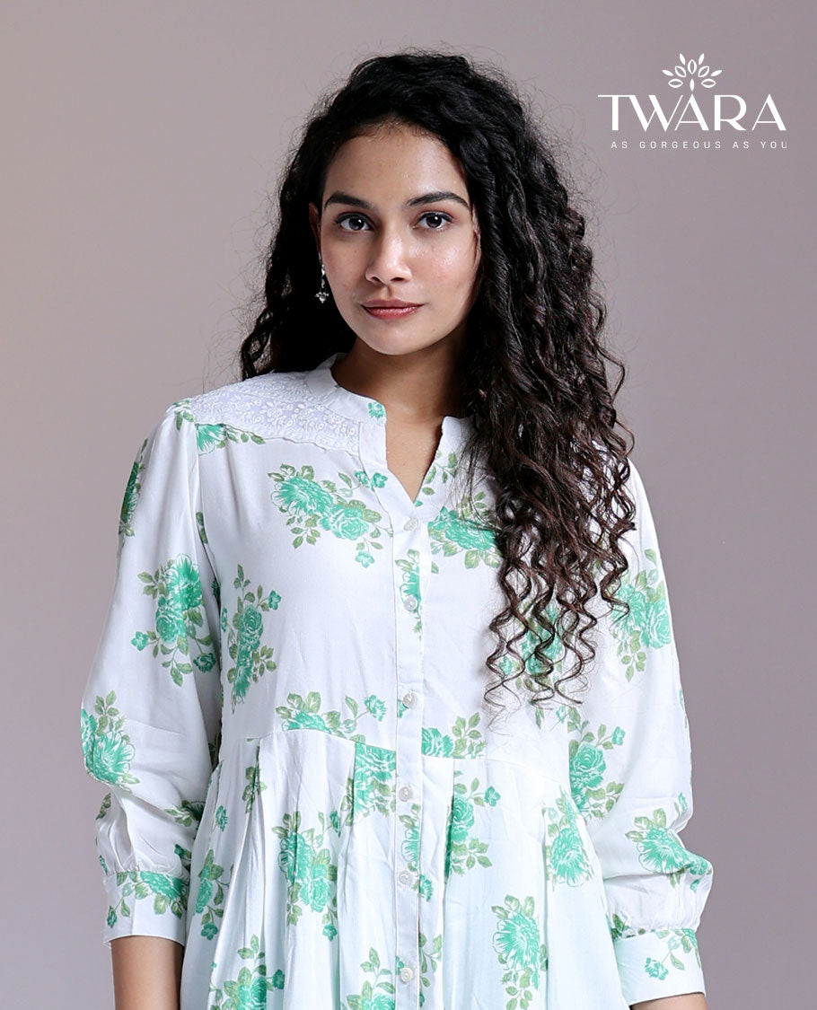 Twara white floral printed Chinese-collar & 3/4th sleeve below-knee kurti