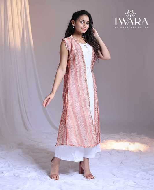 Twara white kurti with contrast sleeveless printed long Chinese collar tie-up shrug