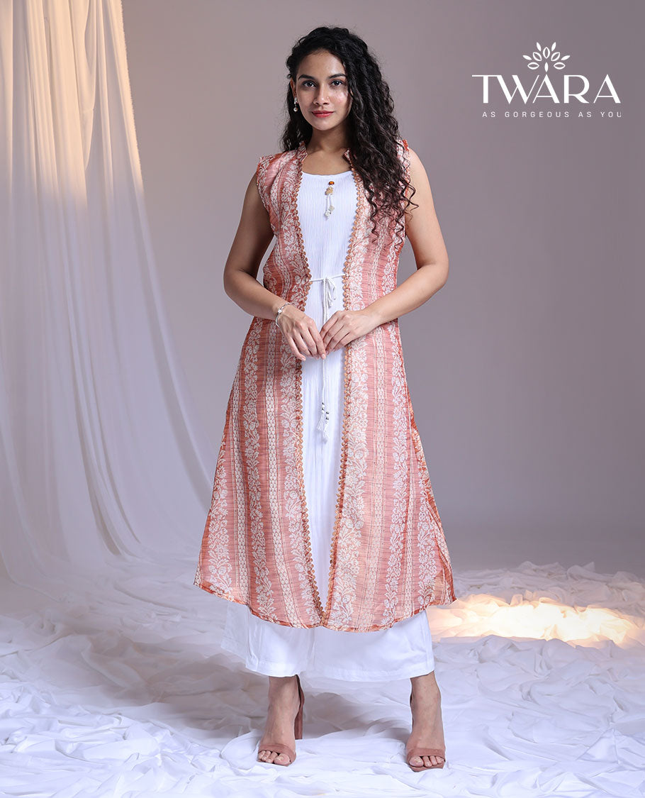 Twara white kurti with contrast sleeveless printed long Chinese collar tie-up shrug
