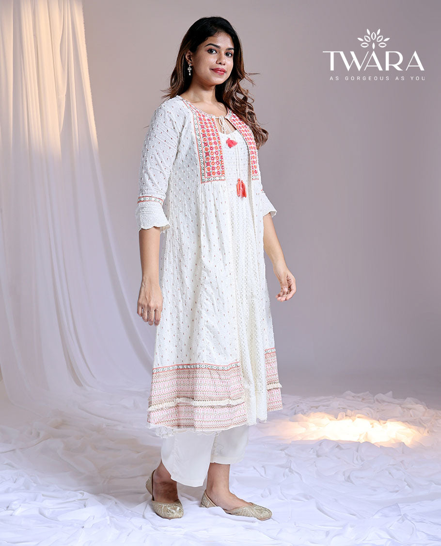 Twara white print & embroidered 3/4th sleeve below-knee coat-style kurti
