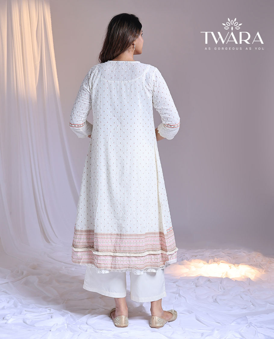 Twara white print & embroidered 3/4th sleeve below-knee coat-style kurti