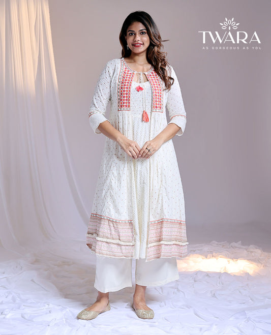 Twara white print & embroidered 3/4th sleeve below-knee coat-style kurti