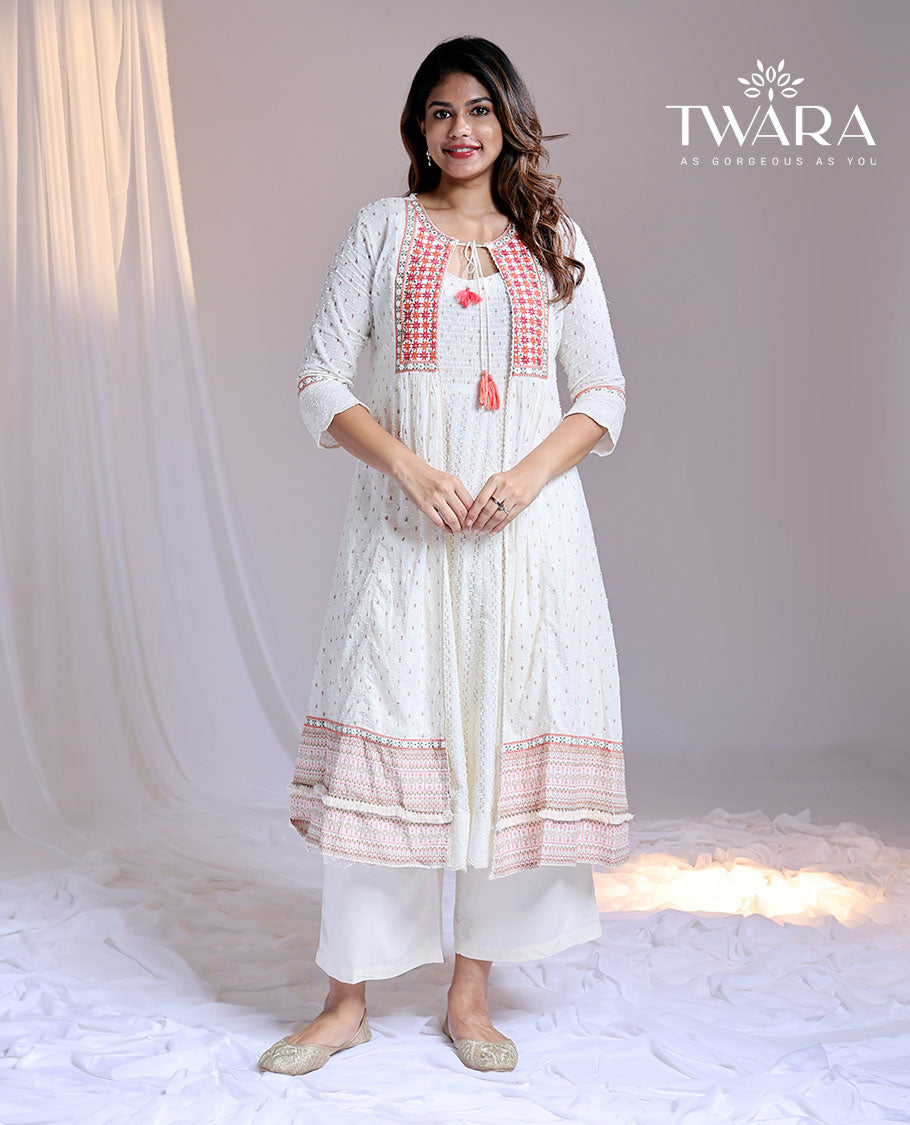 Twara white print & embroidered 3/4th sleeve below-knee coat-style kurti