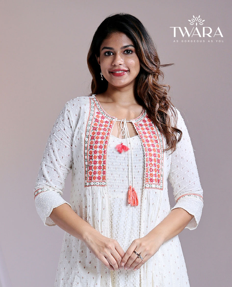 Twara white print & embroidered 3/4th sleeve below-knee coat-style kurti