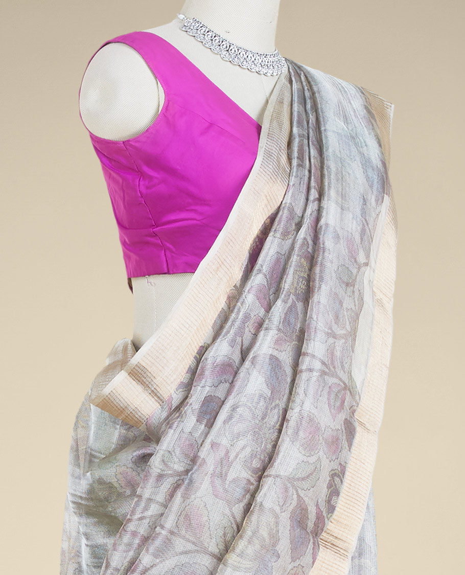 Beige floral vine printed semi-banaras tissue silk saree, zari border