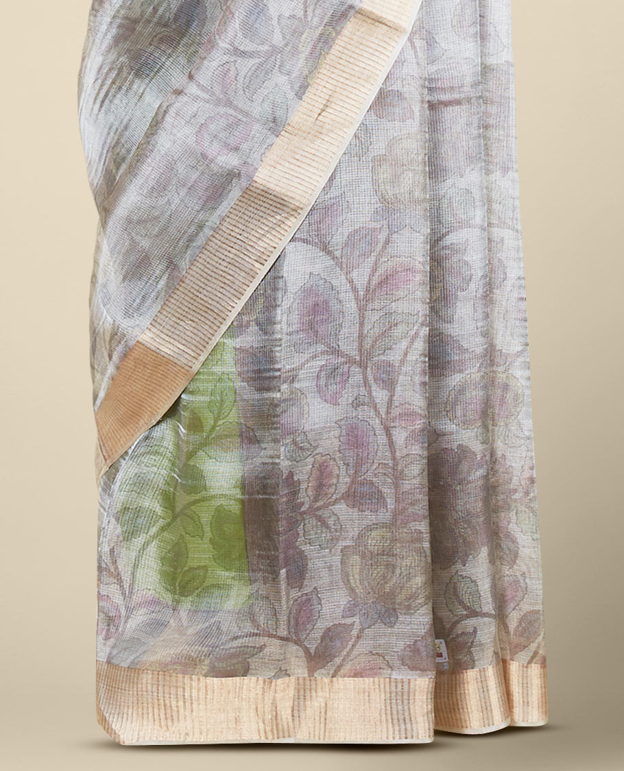 Beige floral vine printed semi-banaras tissue silk saree, zari border