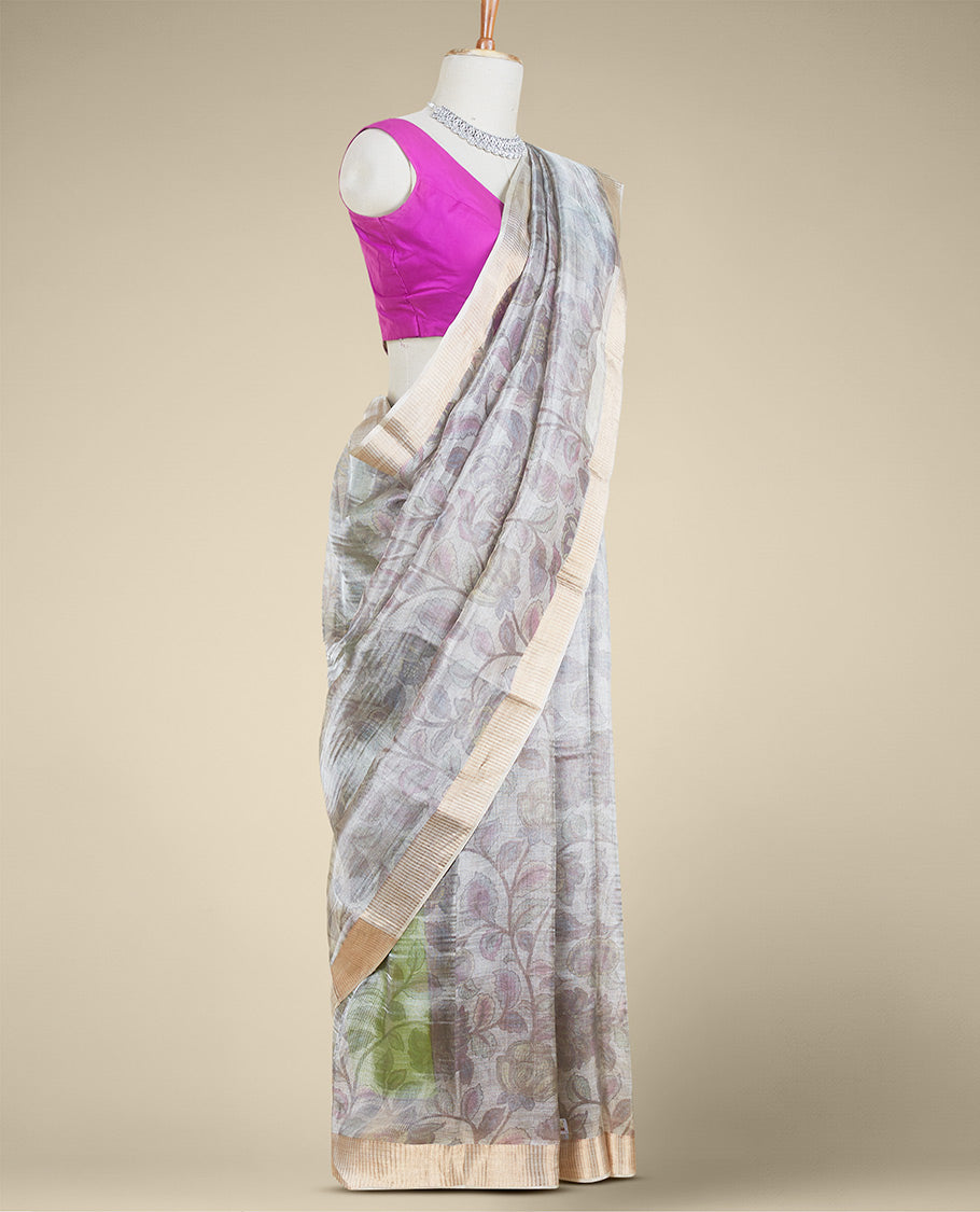 Beige floral vine printed semi-banaras tissue silk saree, zari border