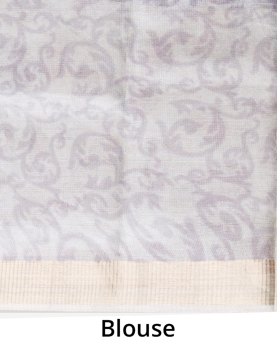 Grey floral & pichwai printed semi-banaras tissue silk saree, zari border