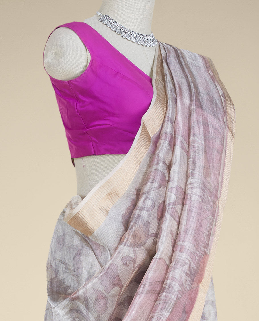 Grey floral & pichwai printed semi-banaras tissue silk saree, zari border