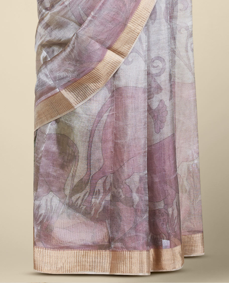 Grey floral & pichwai printed semi-banaras tissue silk saree, zari border