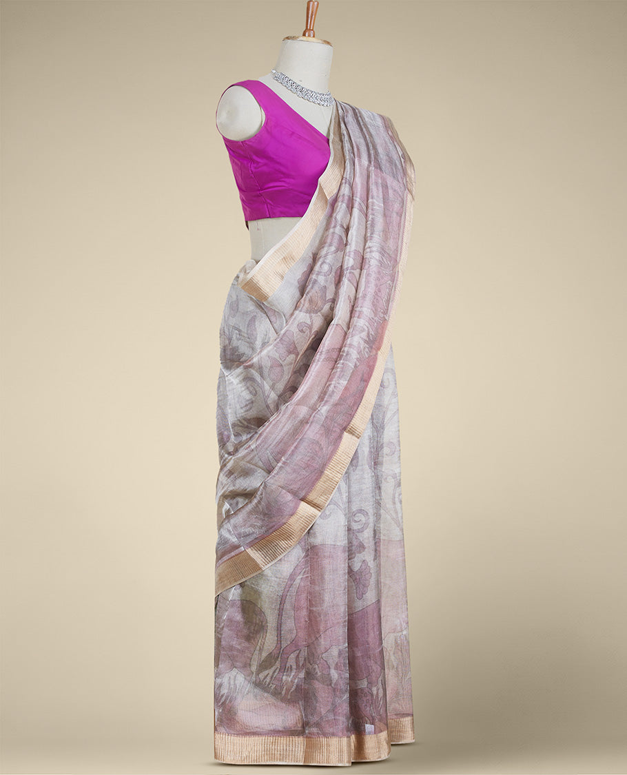 Grey floral & pichwai printed semi-banaras tissue silk saree, zari border