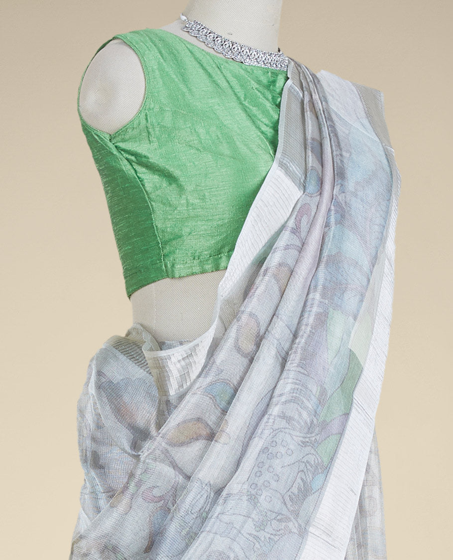 Blue floral vine & pichwai cow printed semi-banaras tissue silk saree, zari border