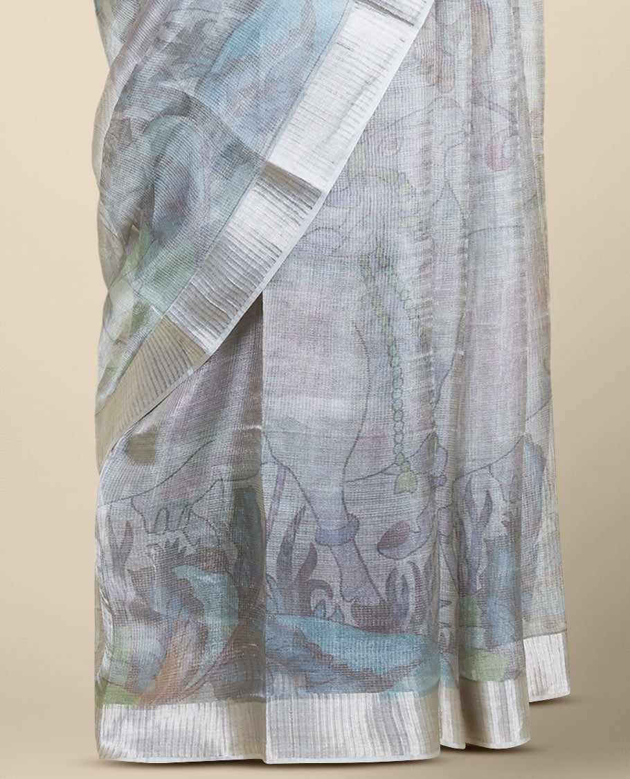 Blue floral vine & pichwai cow printed semi-banaras tissue silk saree, zari border