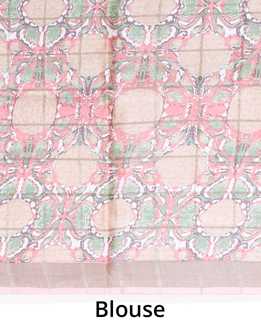 Pink checked design with intricately printed tusser silk saree